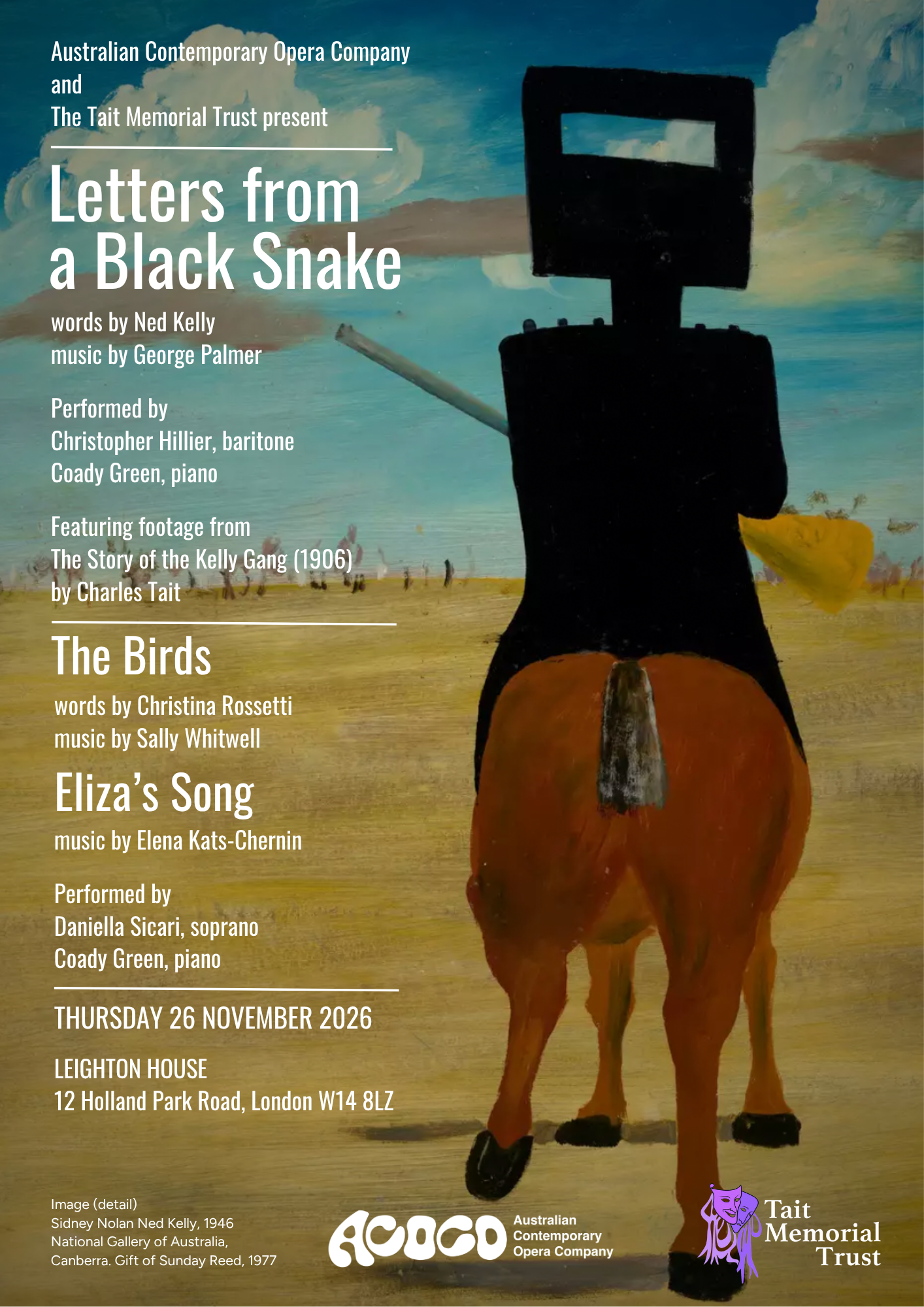 Letters from a Black Snake concert poster, with Sidney Nolan’s Ned Kelly, for Leighton House on Thursday 26 November 2026.